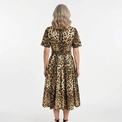 Leopard Print Cotton Midi Shirt Dress