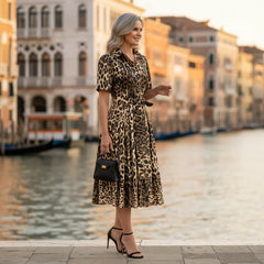 Leopard Print Cotton Midi Shirt Dress