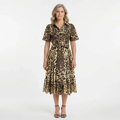 Leopard Print Cotton Midi Shirt Dress