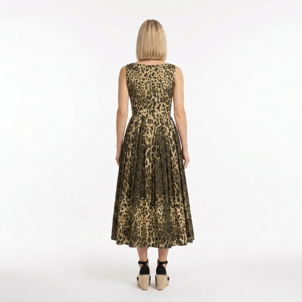 Leopard Print Cotton Midi Dress with Pockets
