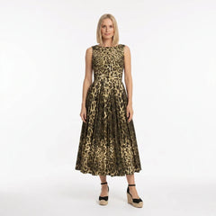 Leopard Print Cotton Midi Dress with Pockets