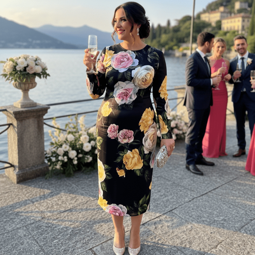 Long Sleeve Silk Midi Dress in Floral Rose Print
