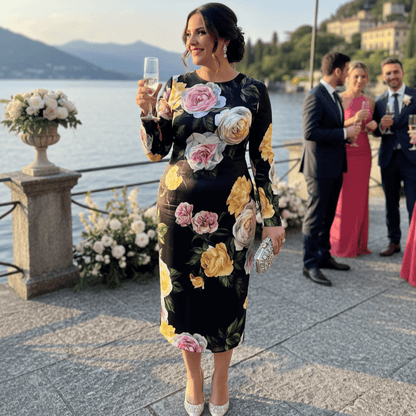 Long Sleeve Silk Midi Dress in Floral Rose Print