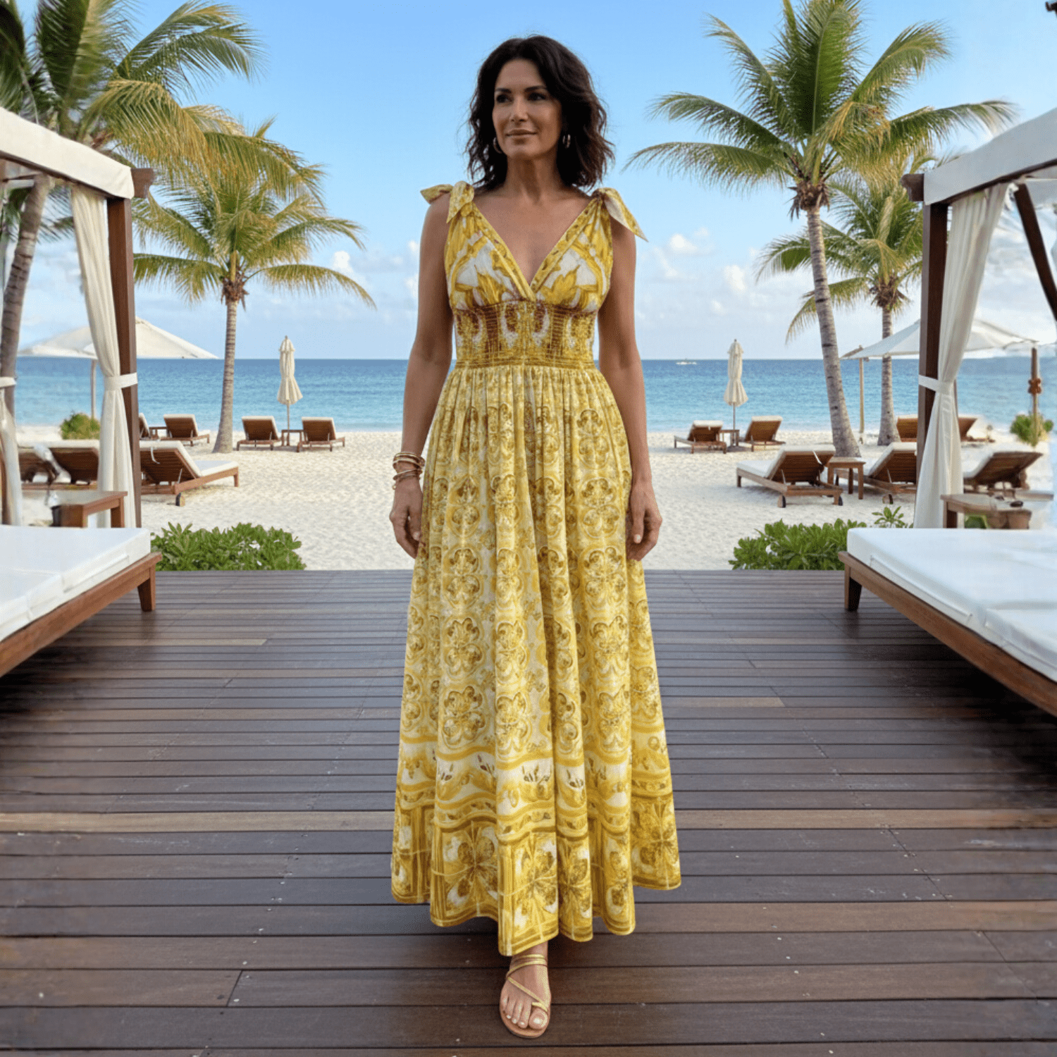 Yellow Majolica print maxi cotton dress with bows