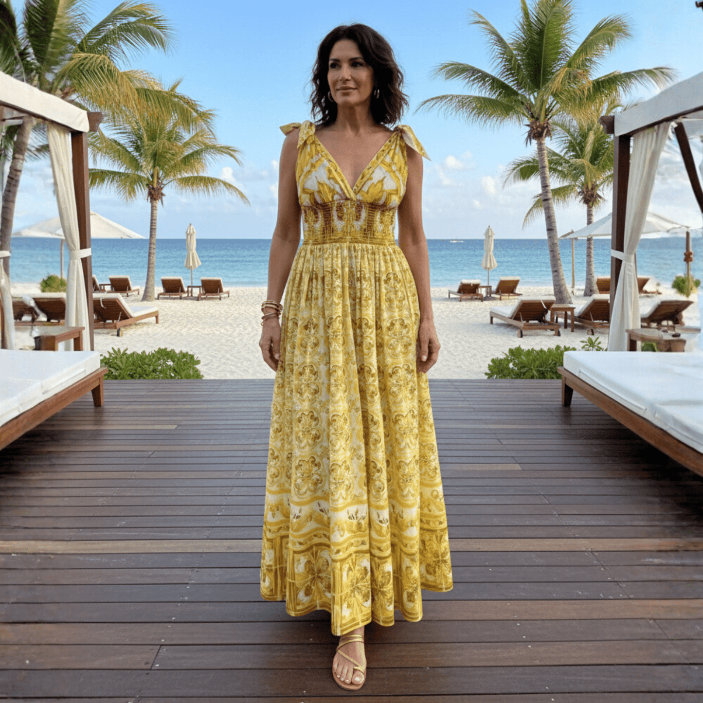 Yellow Majolica print maxi cotton dress with bows