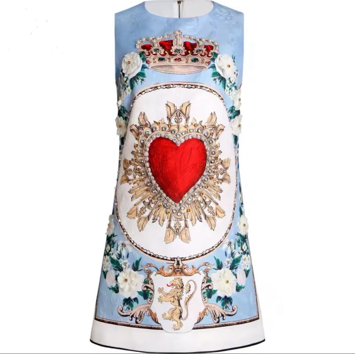 Mini gemstone embellished sleeveless brocade dress in Heart & Crown print