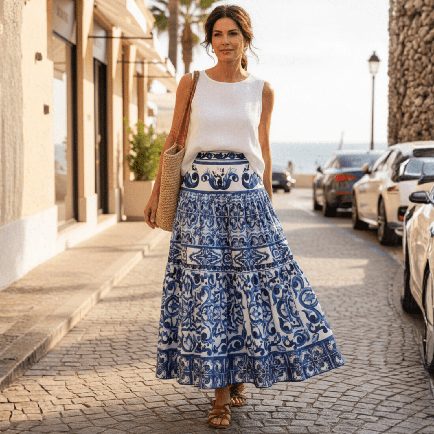 OUTLET: Majolica Porcelain Blue Tiles print 100% cotton skirt, SIZE L