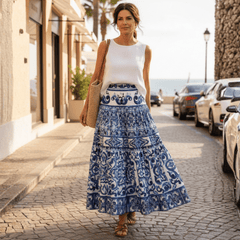 OUTLET: Majolica Porcelain Blue Tiles print 100% cotton skirt, SIZE L