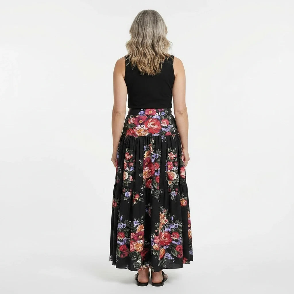 Floralia Italiana Black Cotton Maxi Skirt