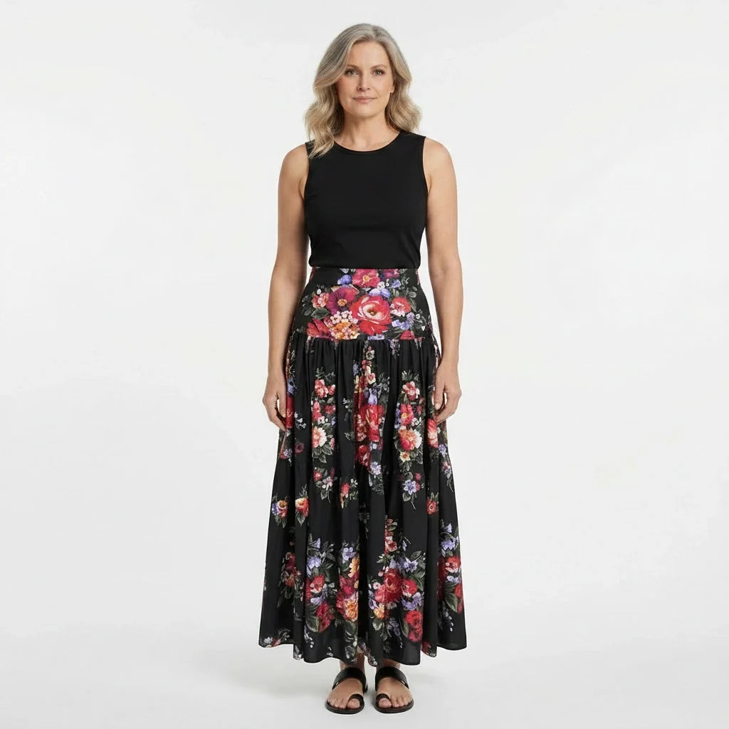 Floralia Italiana Black Cotton Maxi Skirt