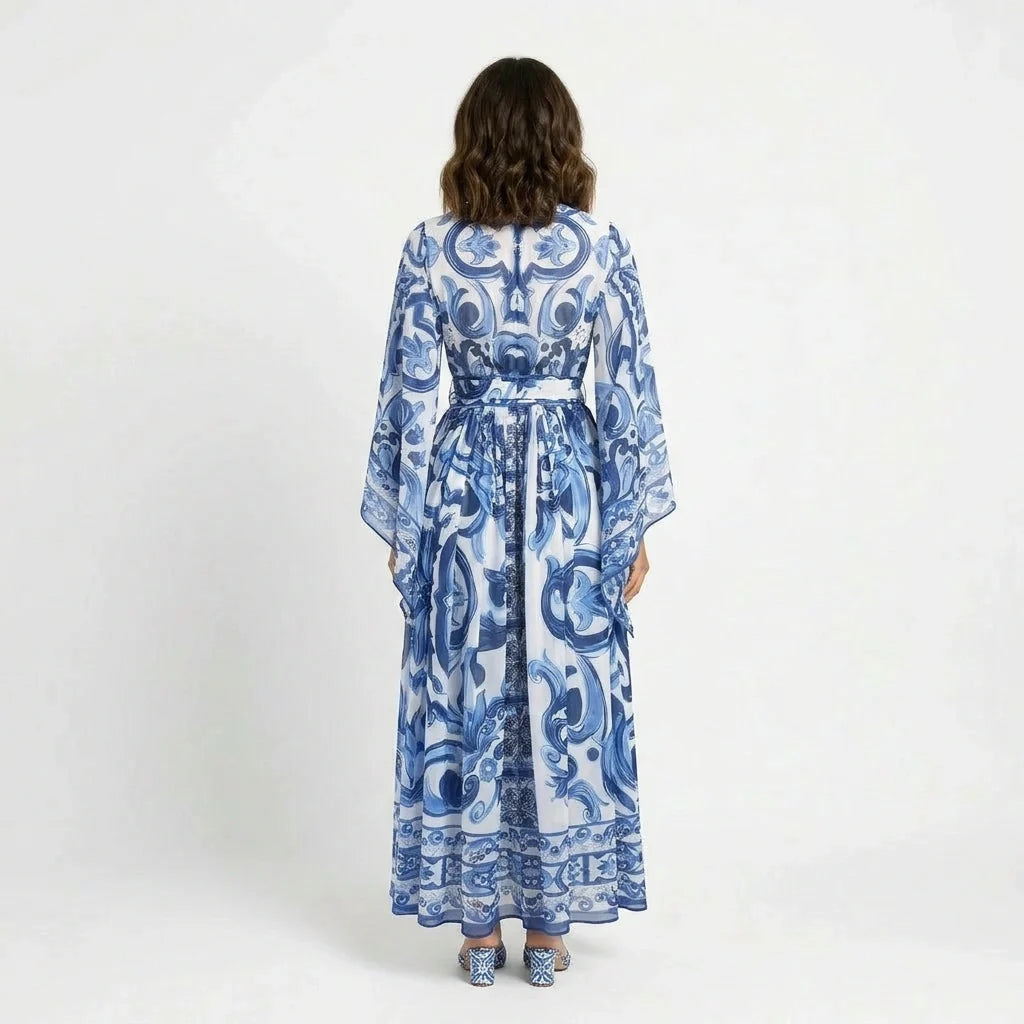 Blue Majolica Porcelain print Flared sleeves maxi dress