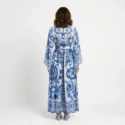 Blue Majolica Porcelain print Flared sleeves maxi dress