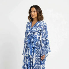 Blue Majolica Porcelain print Flared sleeves maxi dress