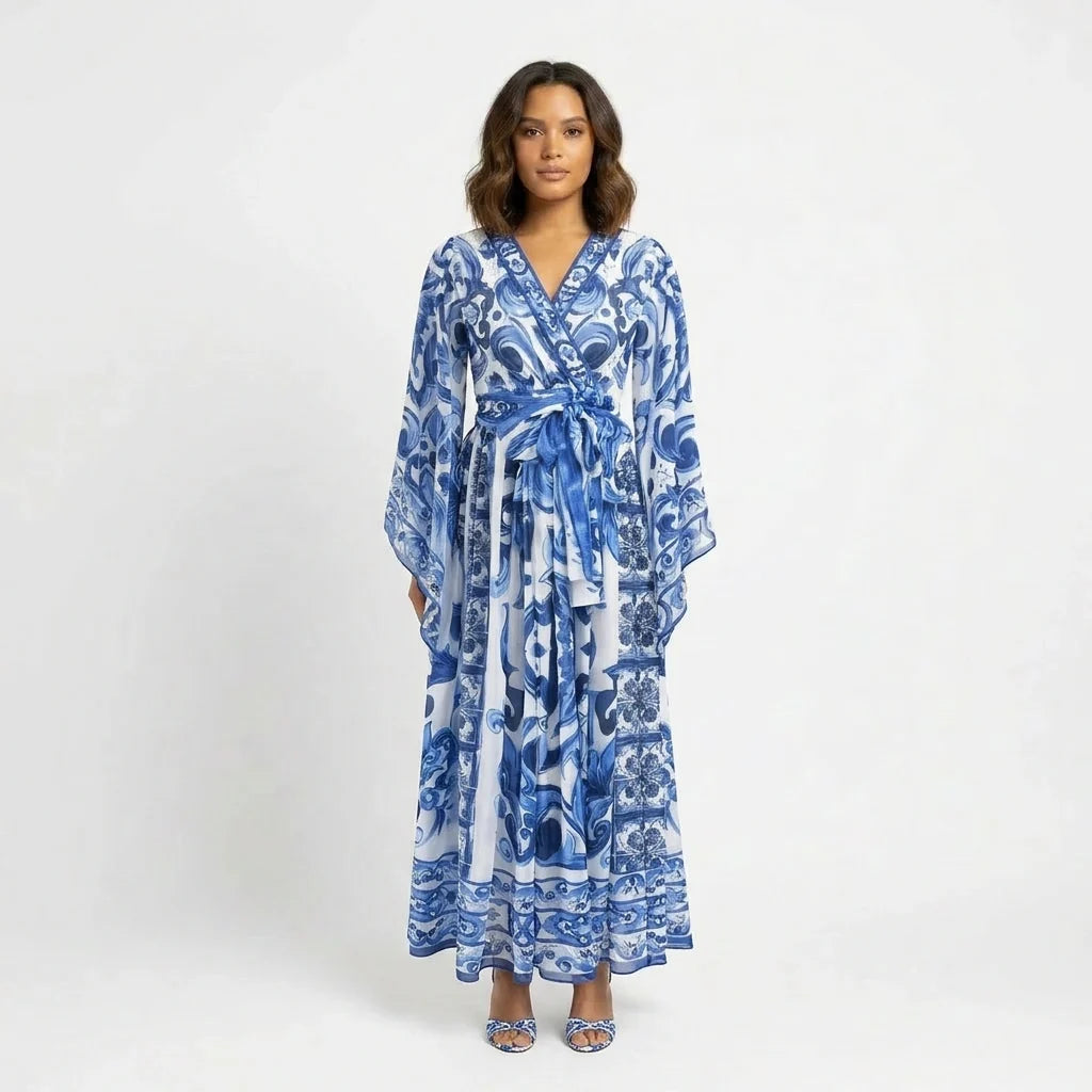 Blue Majolica Porcelain print Flared sleeves maxi dress