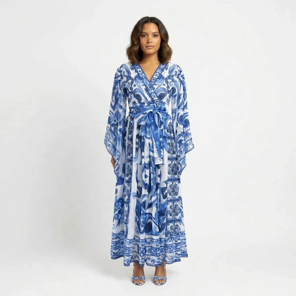 Blue Majolica Porcelain print Flared sleeves maxi dress