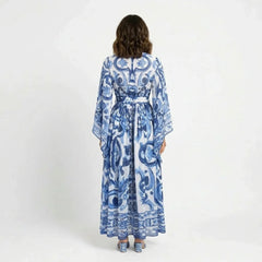 Blue Majolica Porcelain print Flared sleeves maxi dress
