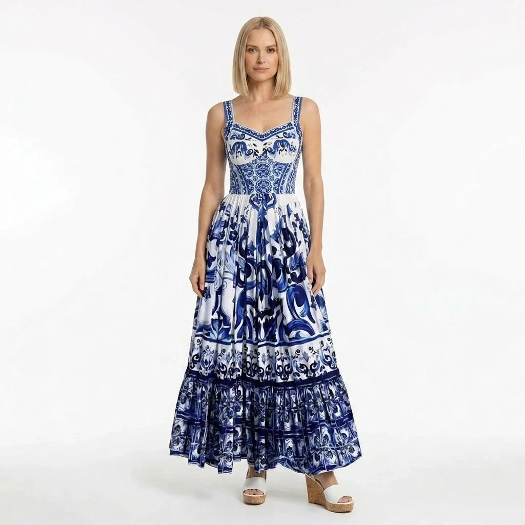 Blue Majolica print maxi cotton dress