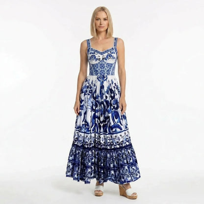 Blue Majolica print maxi cotton dress