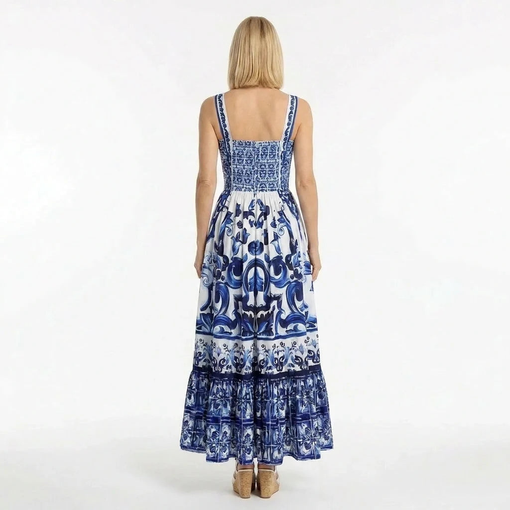 Blue Majolica print maxi cotton dress