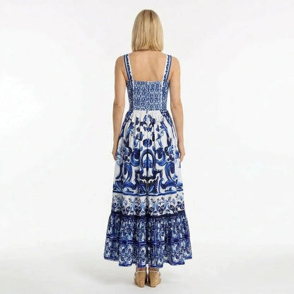 Blue Majolica print maxi cotton dress