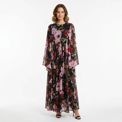 Black Floral maxi chiffon dress with flared sleeves