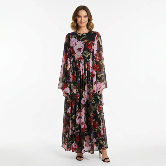 Black Floral maxi chiffon dress with flared sleeves
