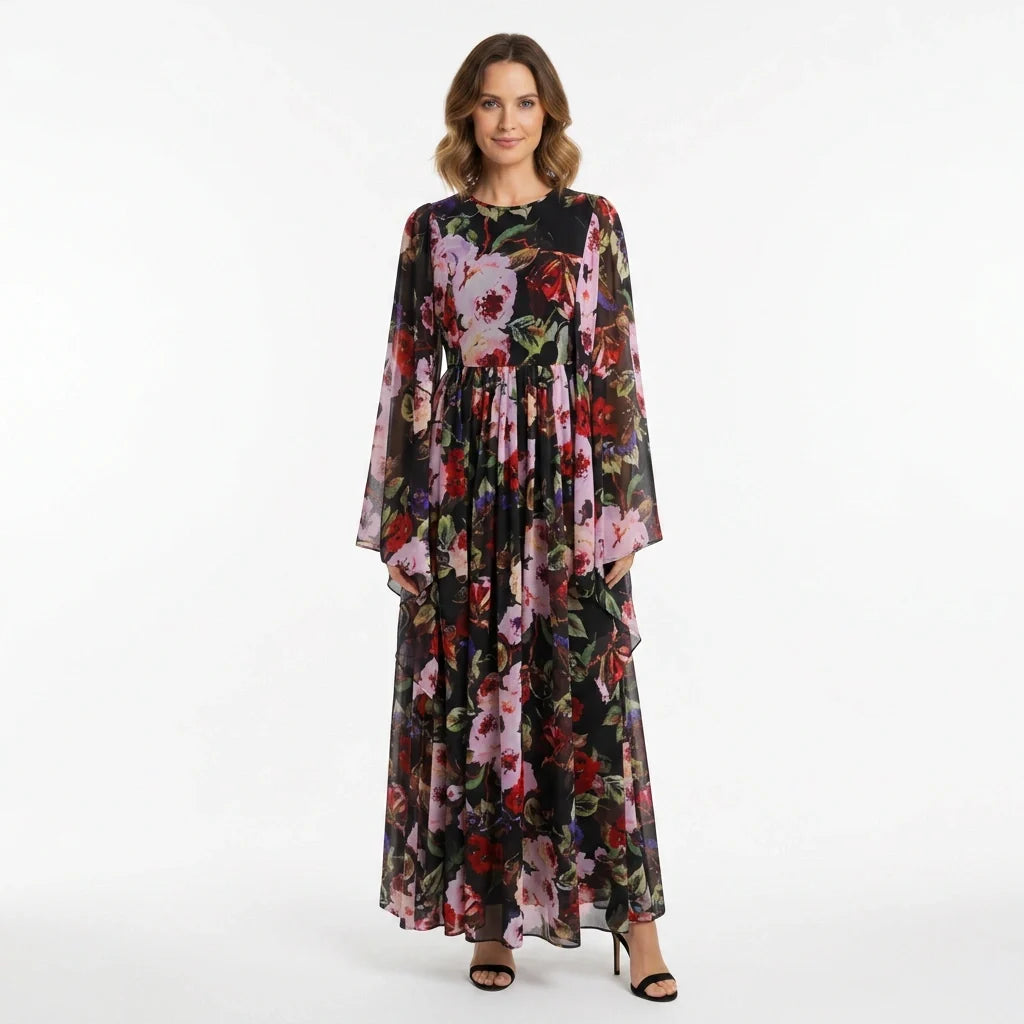 Black Floral maxi chiffon dress with flared sleeves