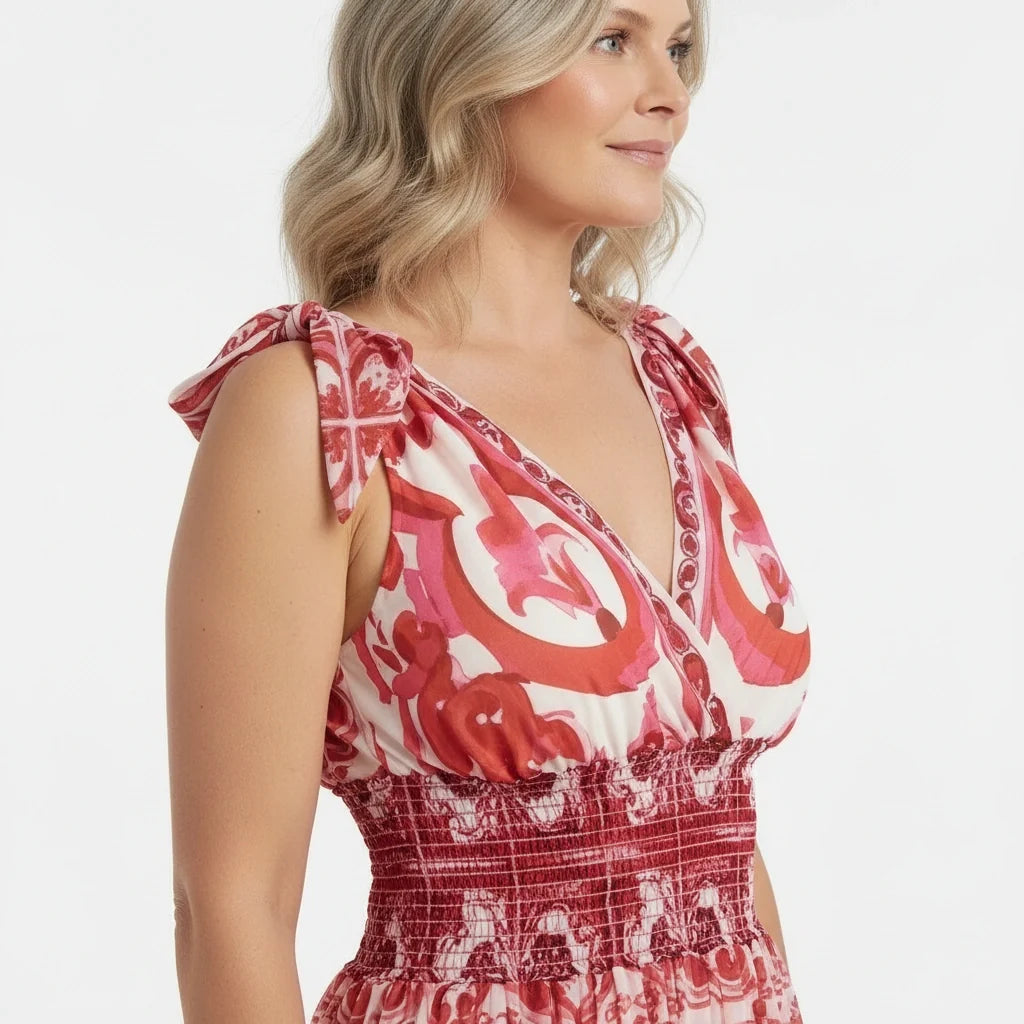 Red Majolica Chiffon Maxi Dress with Bow Straps