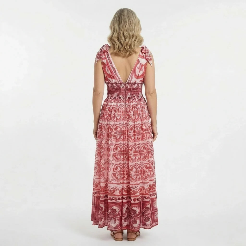 Red Majolica Chiffon Maxi Dress with Bow Straps