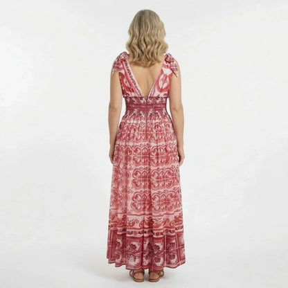 Red Majolica Chiffon Maxi Dress with Bow Straps
