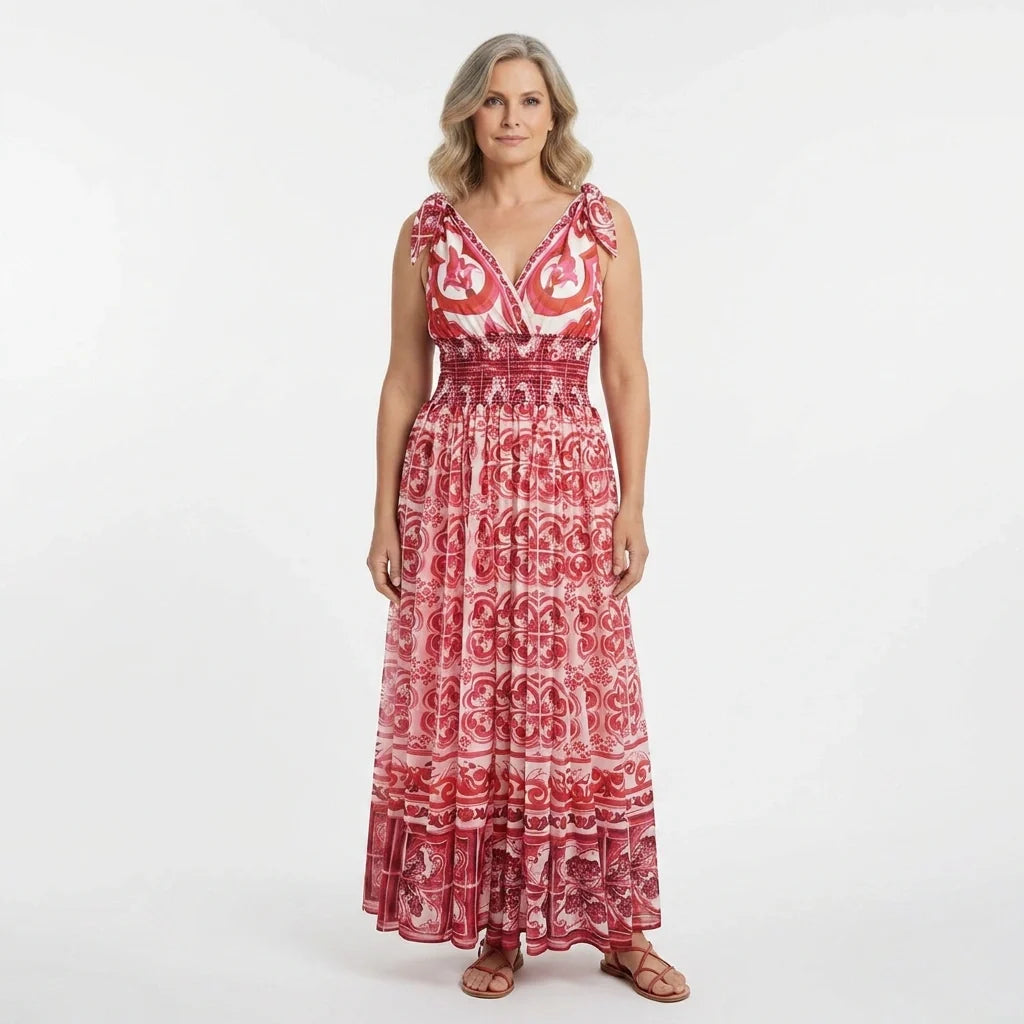Red Majolica Chiffon Maxi Dress with Bow Straps