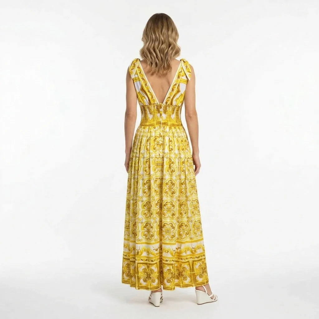 Yellow Majolica print maxi cotton dress with bows
