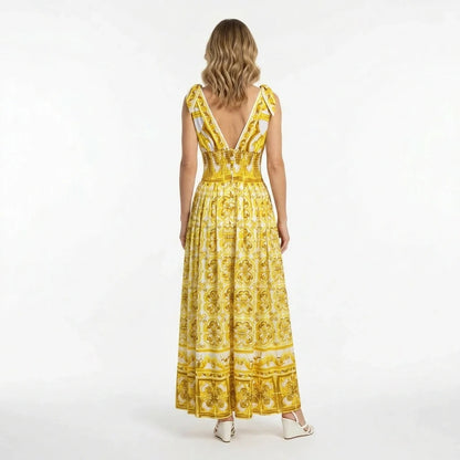 Yellow Majolica print maxi cotton dress with bows