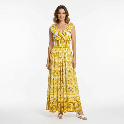 Yellow Majolica print maxi cotton dress with bows