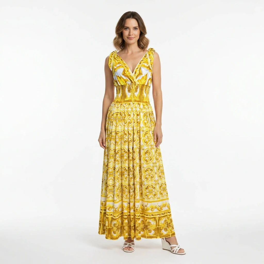Yellow Majolica print maxi cotton dress with bows