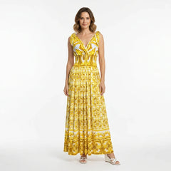 Yellow Majolica print maxi cotton dress with bows