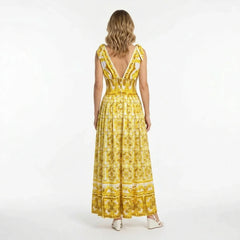 Yellow Majolica print maxi cotton dress with bows