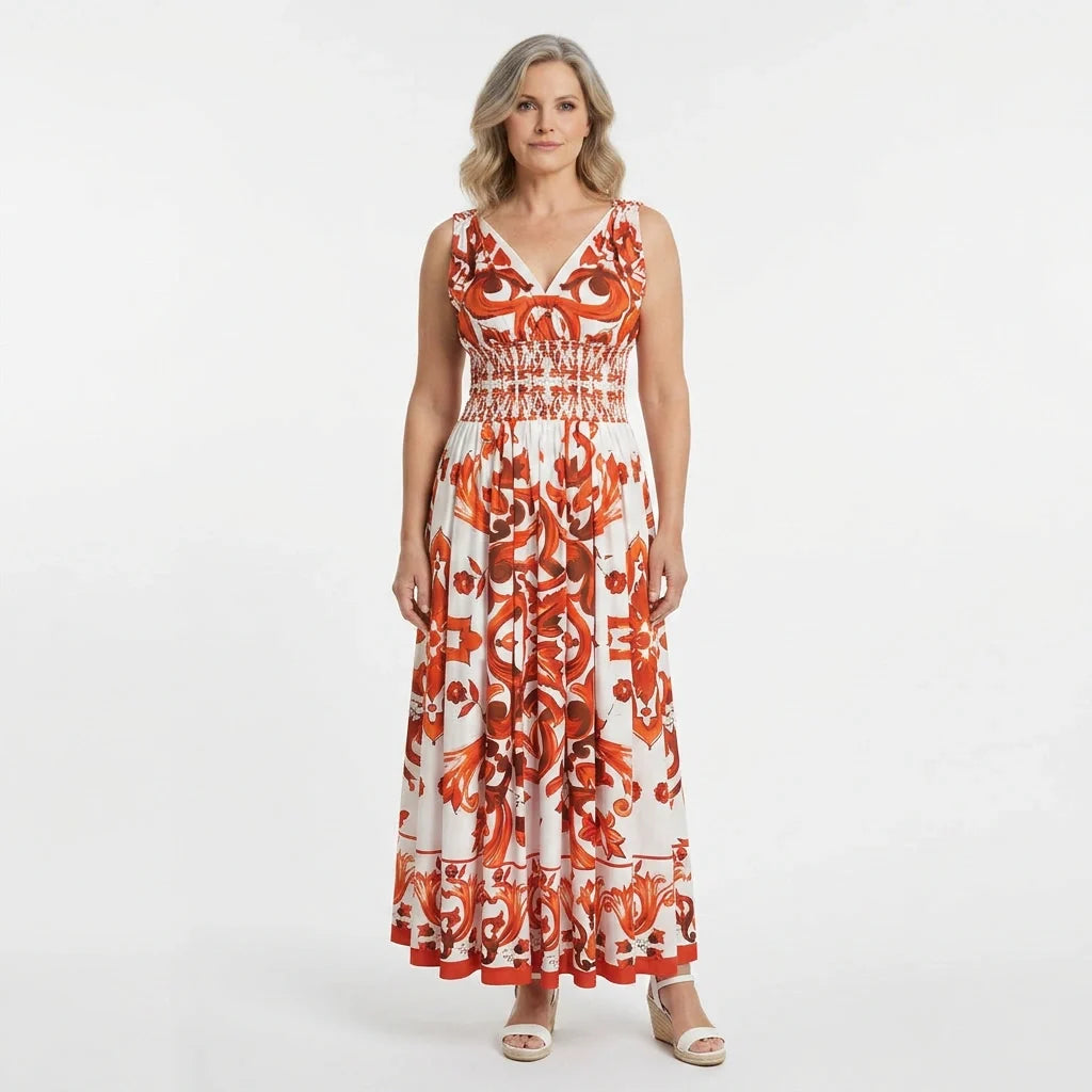 Italian Orange Majolica Maxi Dress with Bow Shoulders