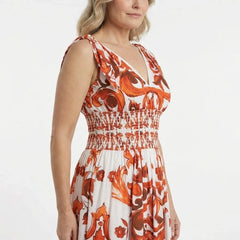 Italian Orange Majolica Maxi Dress with Bow Shoulders