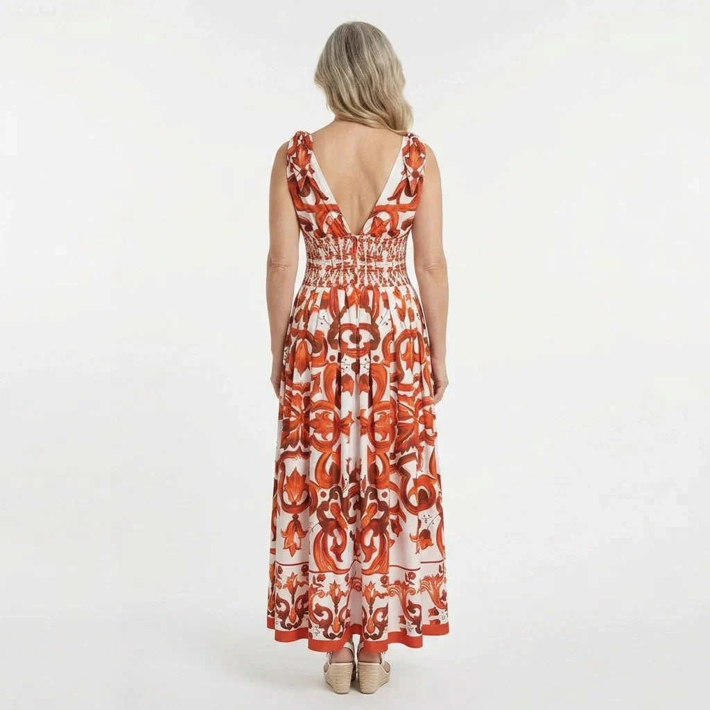 Italian Orange Majolica Maxi Dress with Bow Shoulders