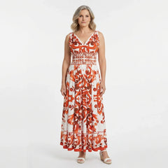 Italian Orange Majolica Maxi Dress with Bow Shoulders