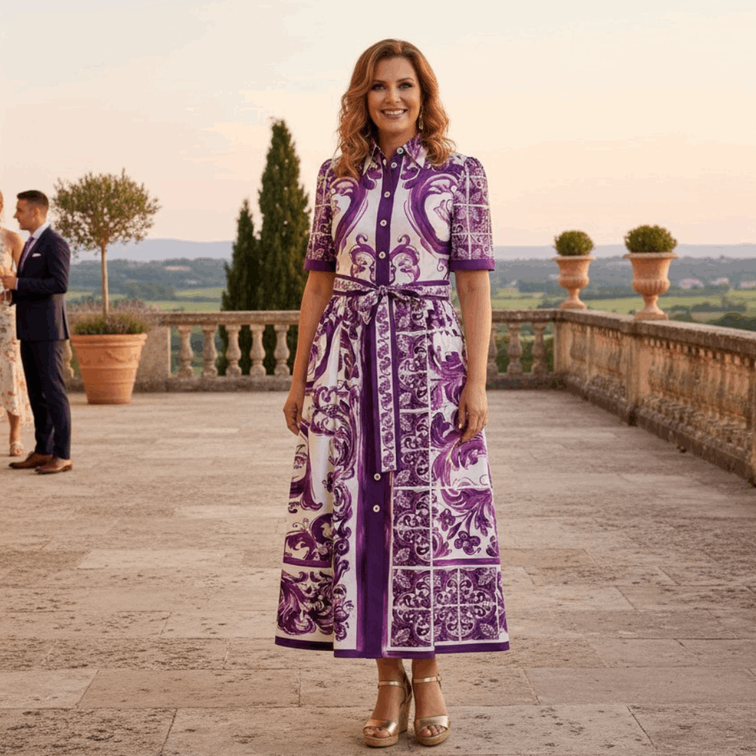 Purple Majolica print midi cotton shirt dress