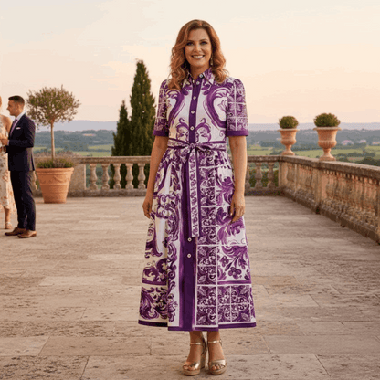 Purple Majolica print midi cotton shirt dress