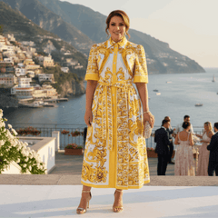 Yellow Majolica print cotton midi shirt dress