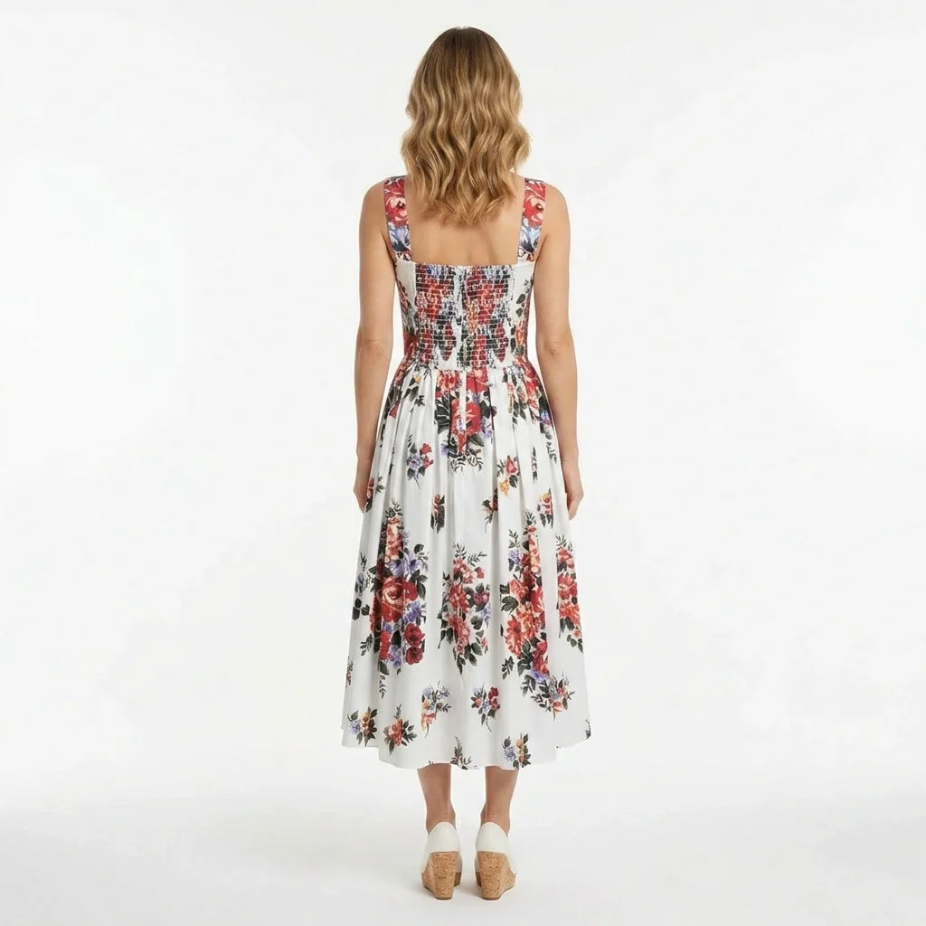 Floralia Italiana White Cotton Midi Dress with Padded Cups