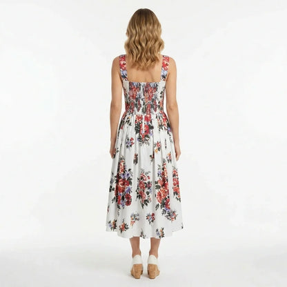 Floralia Italiana White Cotton Midi Dress with Padded Cups