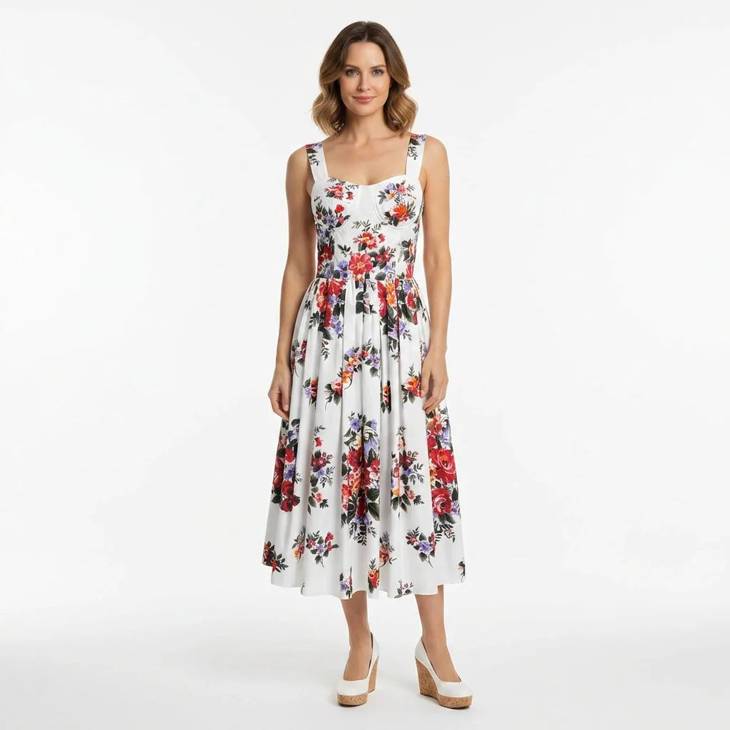 Floralia Italiana White Cotton Midi Dress with Padded Cups