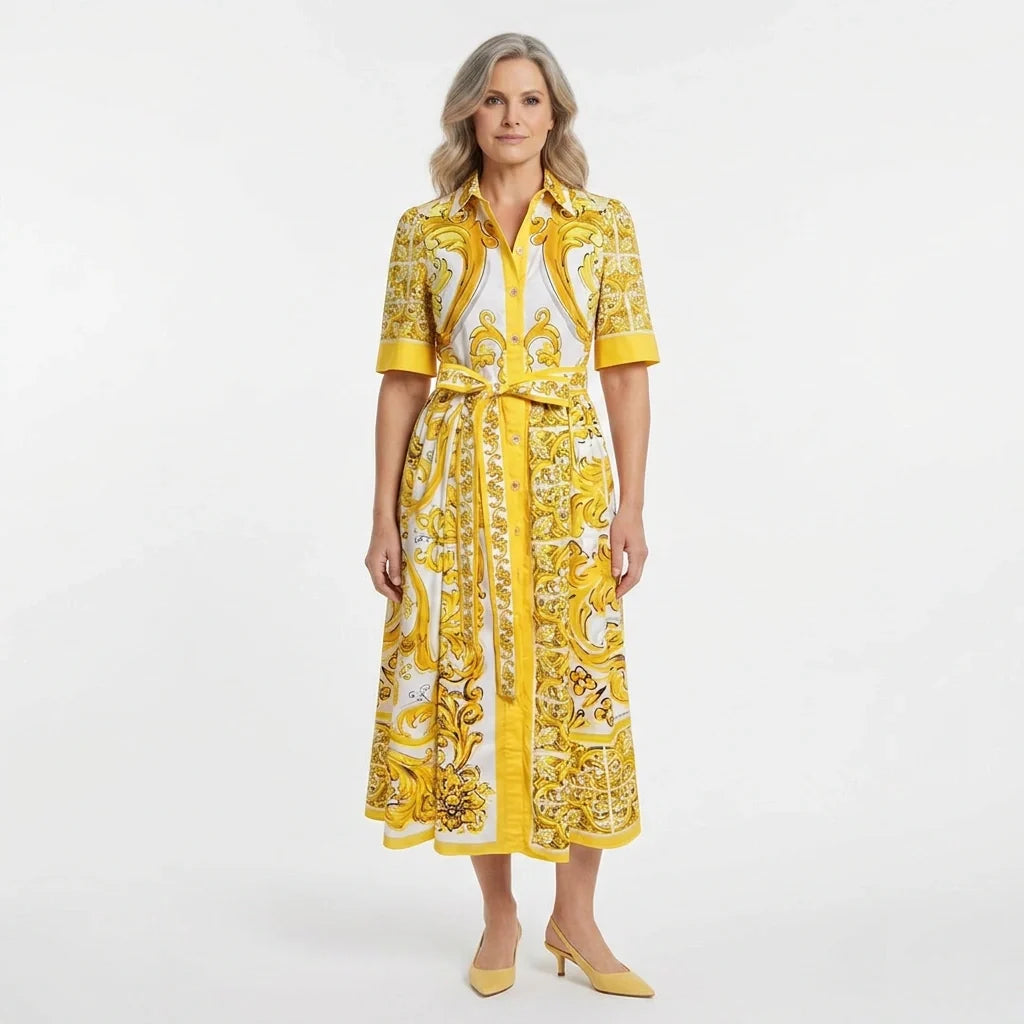 Yellow Majolica print cotton midi shirt dress