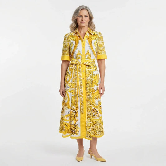 Yellow Majolica print cotton midi shirt dress