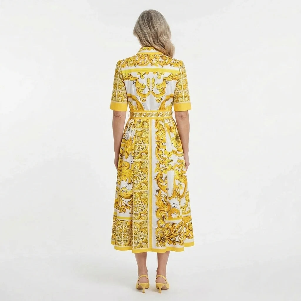 Yellow Majolica print cotton midi shirt dress